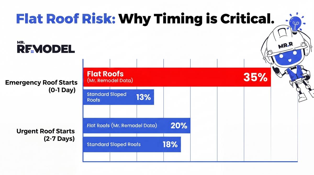 A bar chart showing that 35% of flat roof projects require emergency starts within 0-1 days, compared to only 13% for standard sloped roofs, highlighting the urgency of flat roof issues.